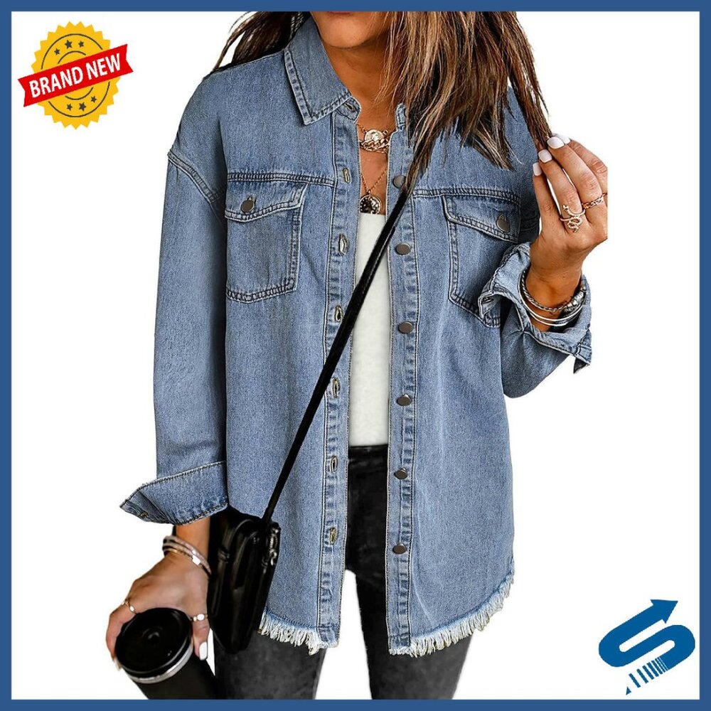 Oversized Denim Jacket Women's Long Sleeve Frayed Hem Western Shacket
